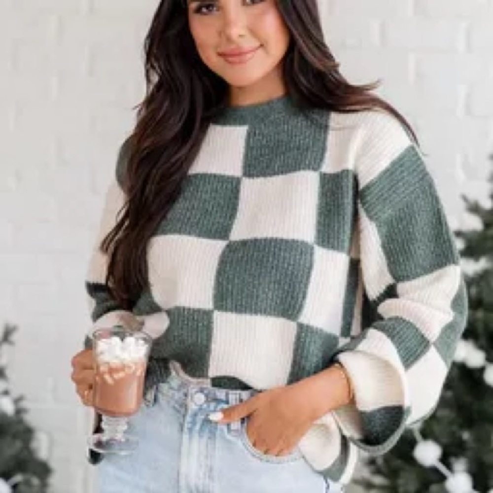 Pink Lily Green and Cream Checkered Sweater